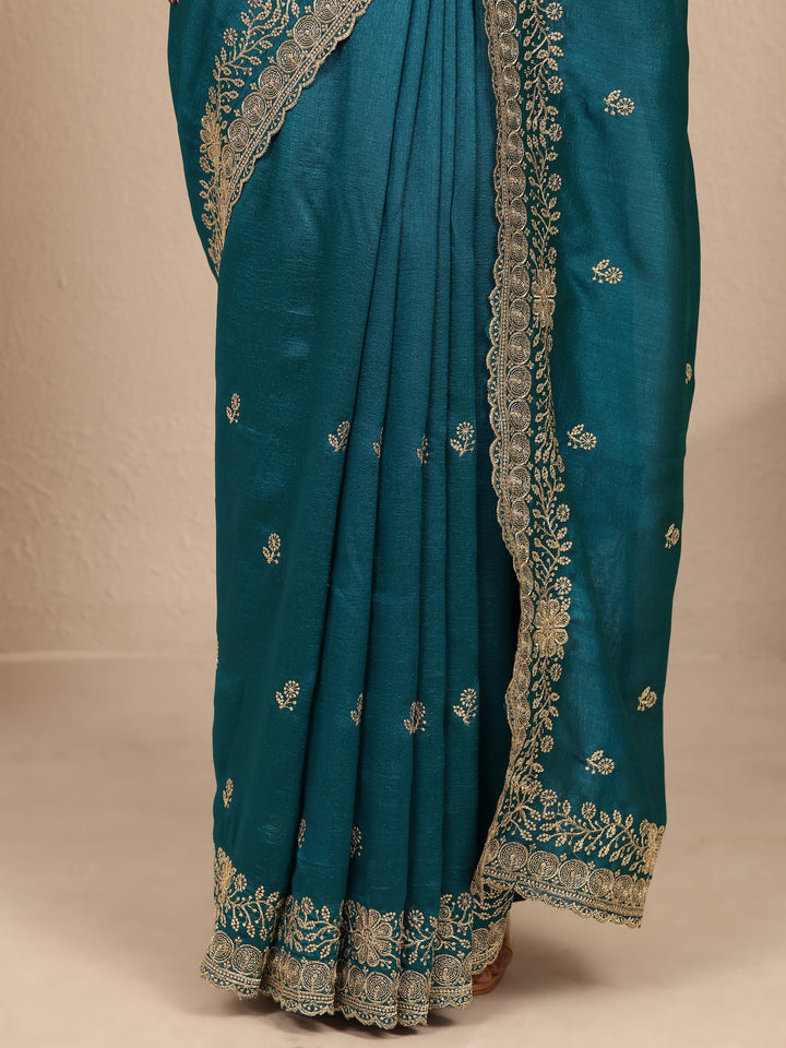 Teal Embroidered Silk Blend Saree With Unstitched Blouse Piece