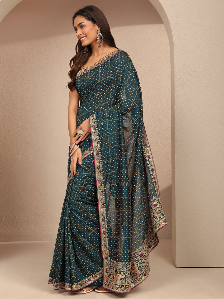 Green Bandhani Printed Silk Blend Saree With Unstitched Blouse Piece
