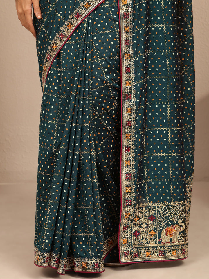 Green Bandhani Printed Silk Blend Saree With Unstitched Blouse Piece