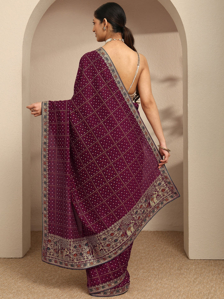 Maroon Bandhani Printed Silk Blend Saree With Unstitched Blouse Piece