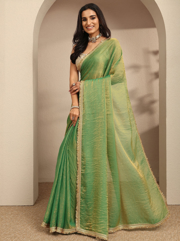 Green Embellished Silk Blend Saree With Unstitched Blouse Piece