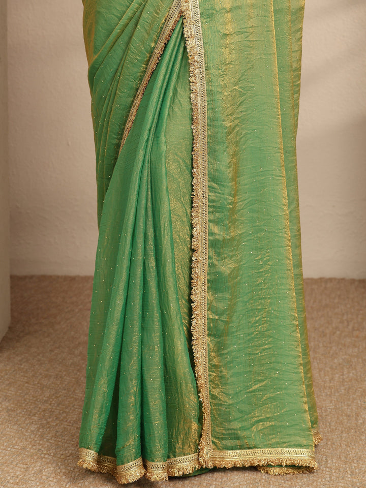 Green Embellished Silk Blend Saree With Unstitched Blouse Piece