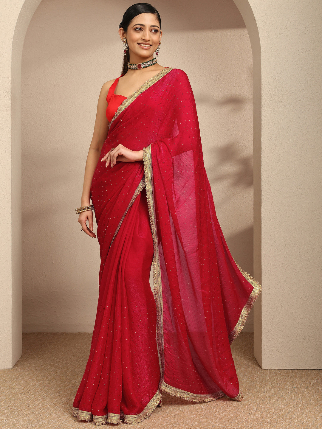 Libas Red Embellished Silk Blend Saree With Unstitched Blouse Piece