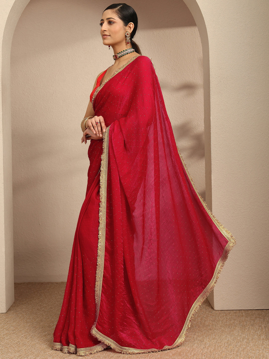 Libas Red Embellished Silk Blend Saree With Unstitched Blouse Piece