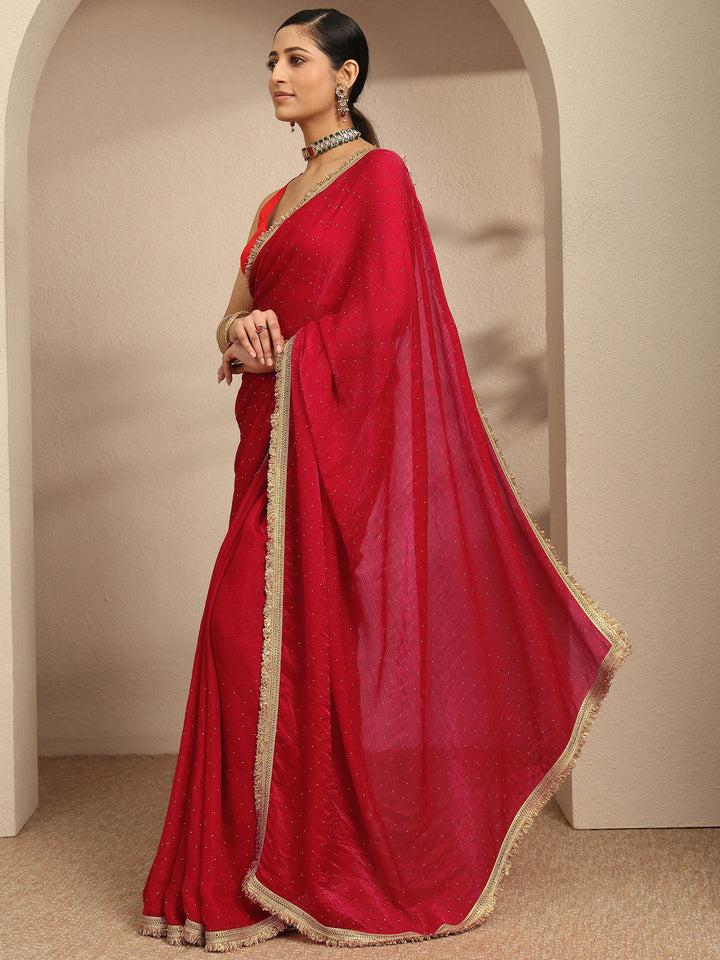 Libas Red Embellished Silk Blend Saree With Unstitched Blouse Piece