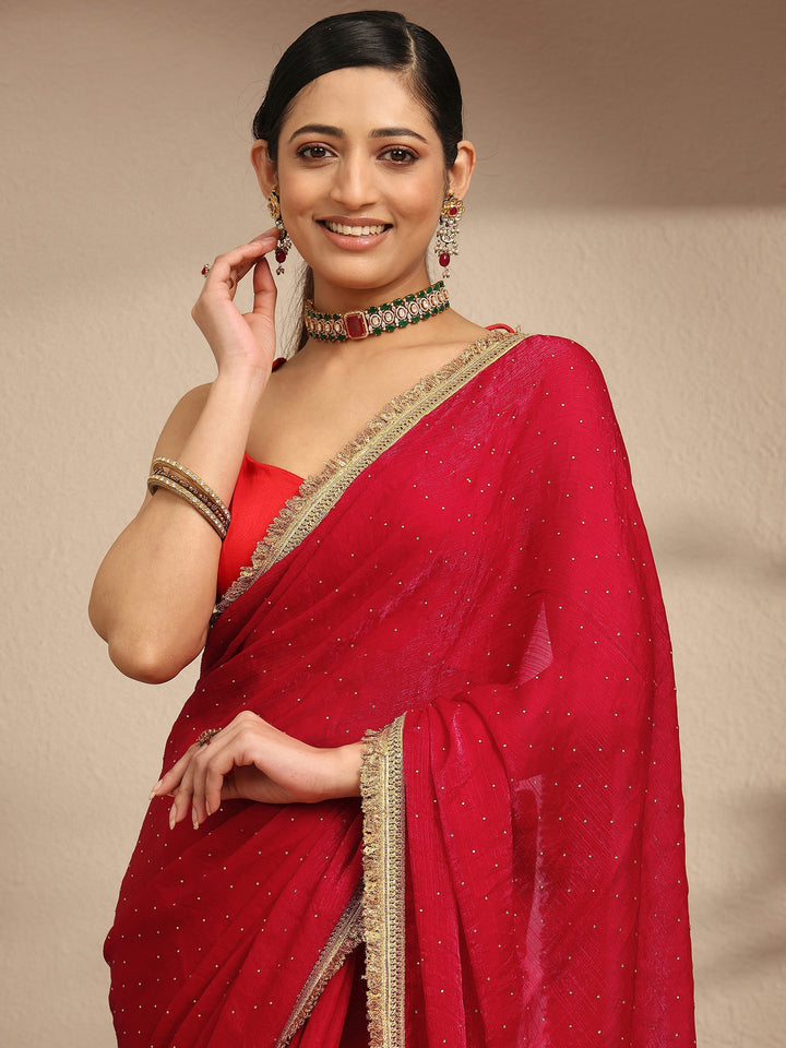 Libas Red Embellished Silk Blend Saree With Unstitched Blouse Piece
