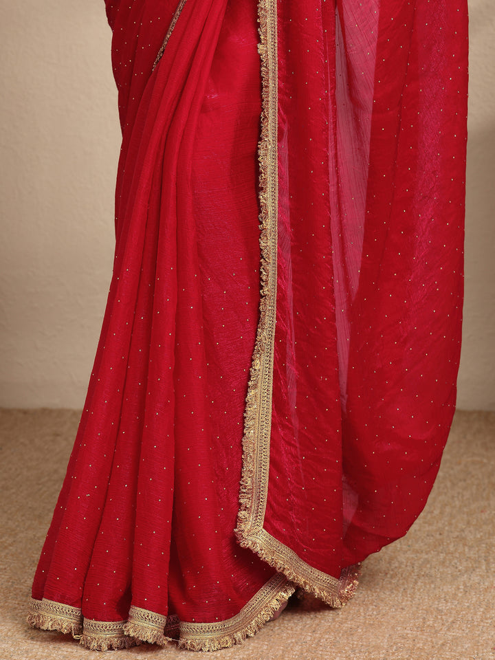 Libas Red Embellished Silk Blend Saree With Unstitched Blouse Piece