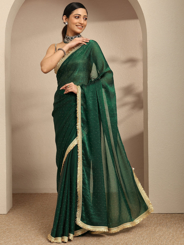 Green Embellished Silk Blend Saree With Unstitched Blouse Piece