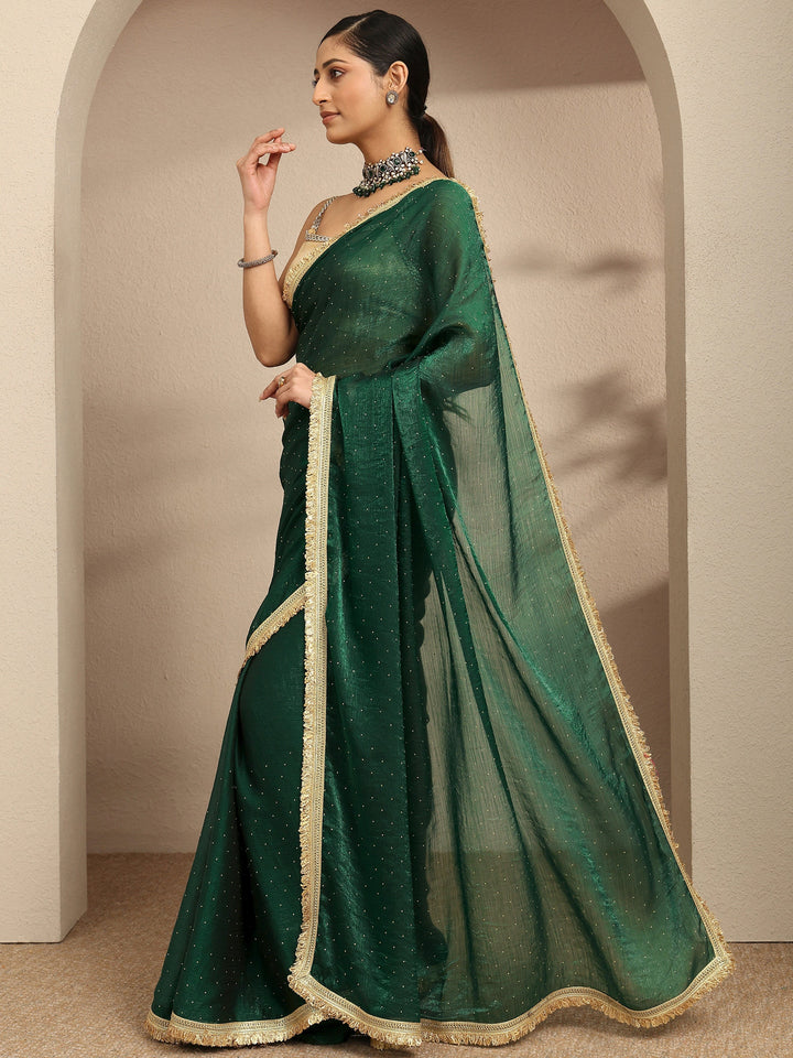 Green Embellished Silk Blend Saree With Unstitched Blouse Piece