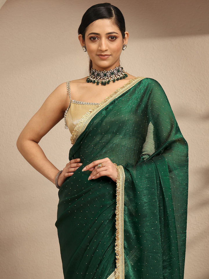 Green Embellished Silk Blend Saree With Unstitched Blouse Piece