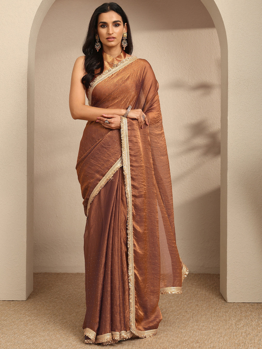 Brown Embellished Silk Blend Saree With Unstitched Blouse Piece