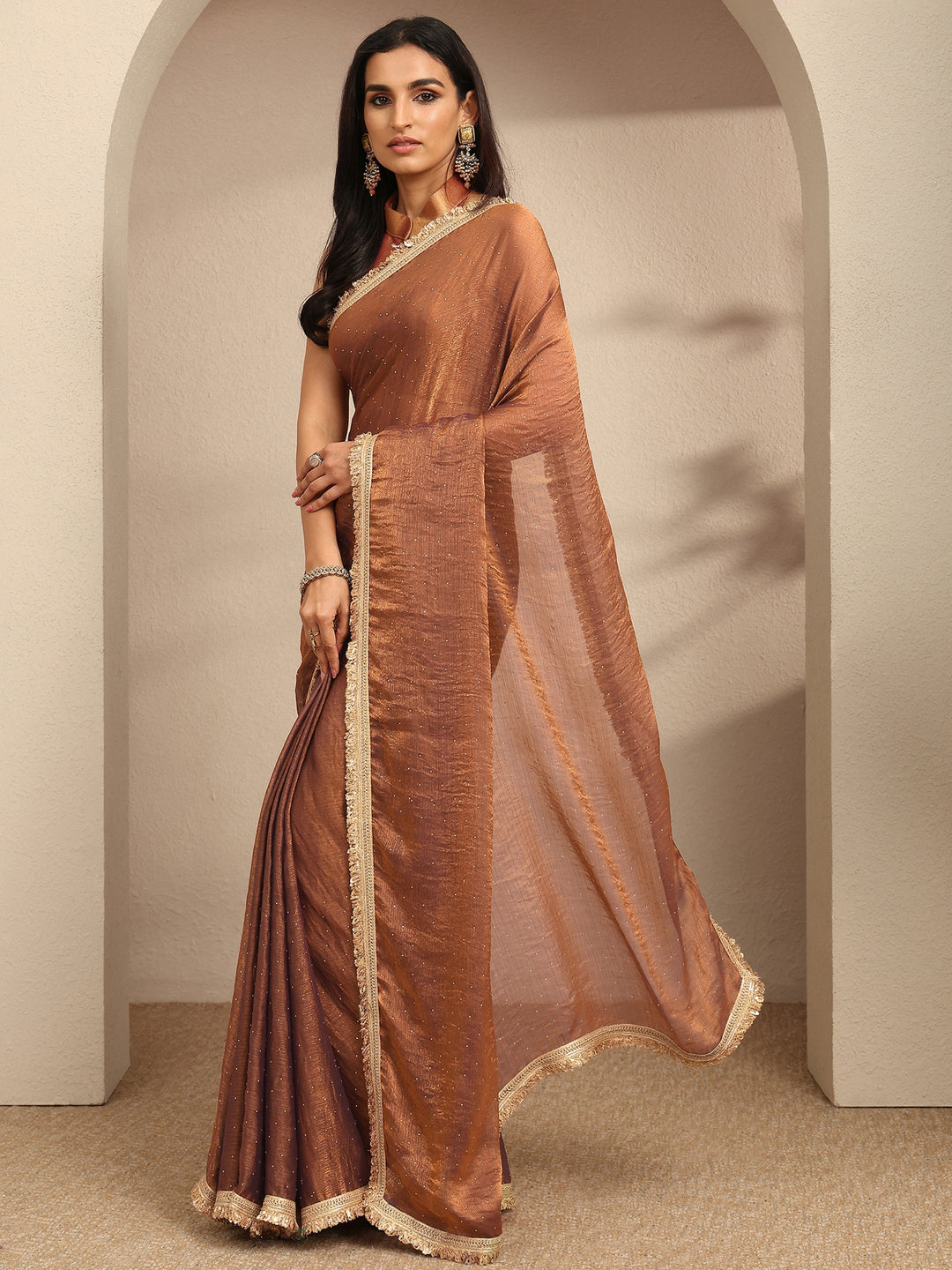 Brown Embellished Silk Blend Saree With Unstitched Blouse Piece