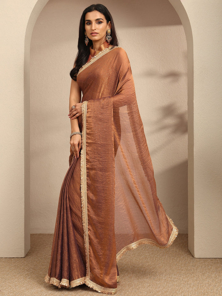 Brown Embellished Silk Blend Saree With Unstitched Blouse Piece