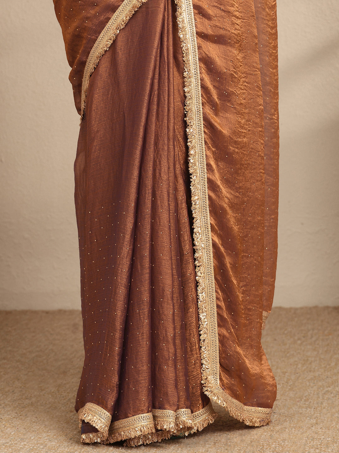 Brown Embellished Silk Blend Saree With Unstitched Blouse Piece