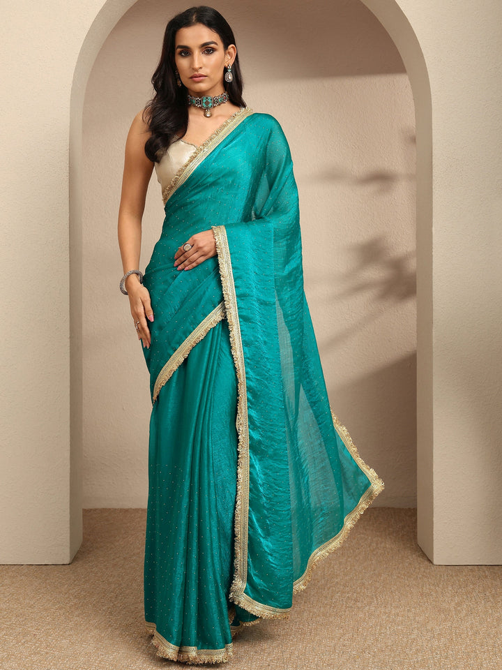 Blue Embellished Silk Blend Saree With Unstitched Blouse Piece