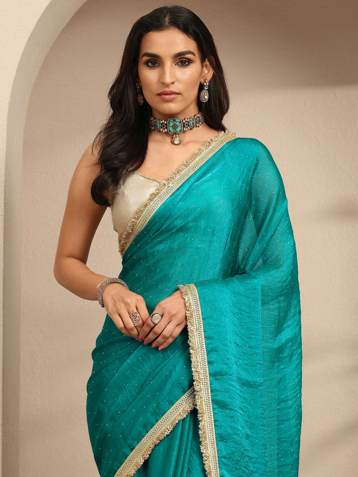 Blue Embellished Silk Blend Saree With Unstitched Blouse Piece