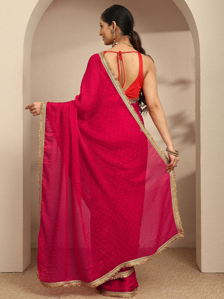 Pink Embellished Silk Blend Saree With Unstitched Blouse Piece
