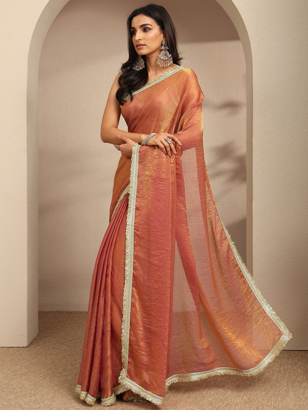 Orange Embellished Silk Blend Saree With Unstitched Blouse Piece