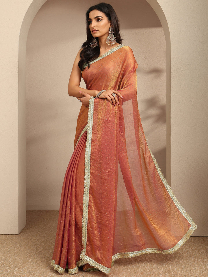Orange Embellished Silk Blend Saree With Unstitched Blouse Piece