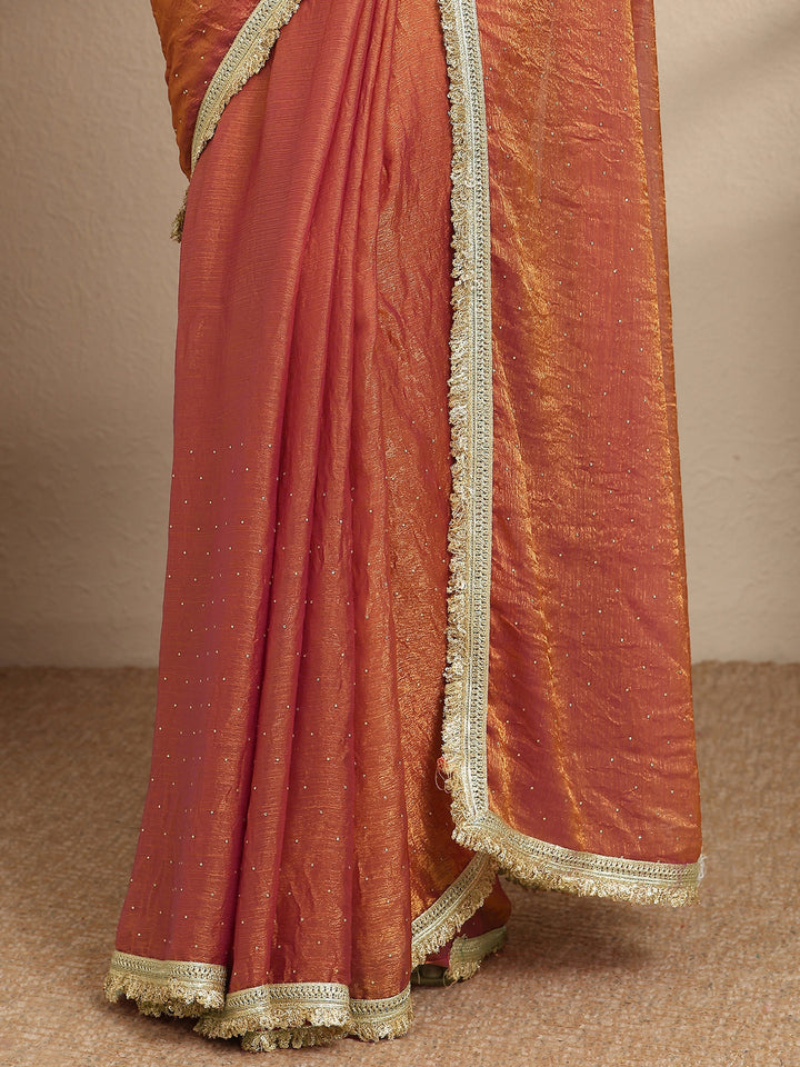 Orange Embellished Silk Blend Saree With Unstitched Blouse Piece