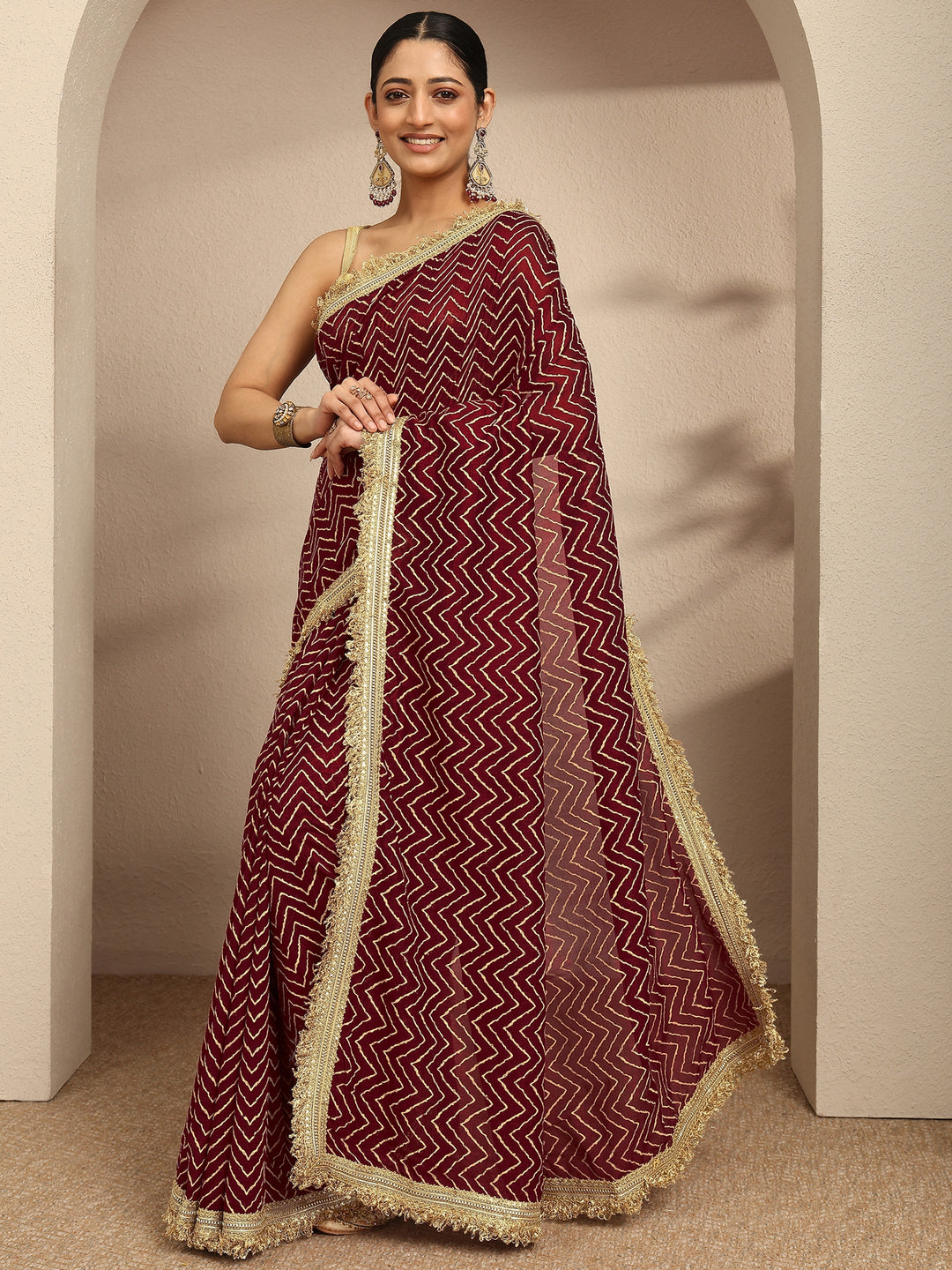 Maroon Chevron Printed Silk Blend Saree With Unstitched Blouse Piece