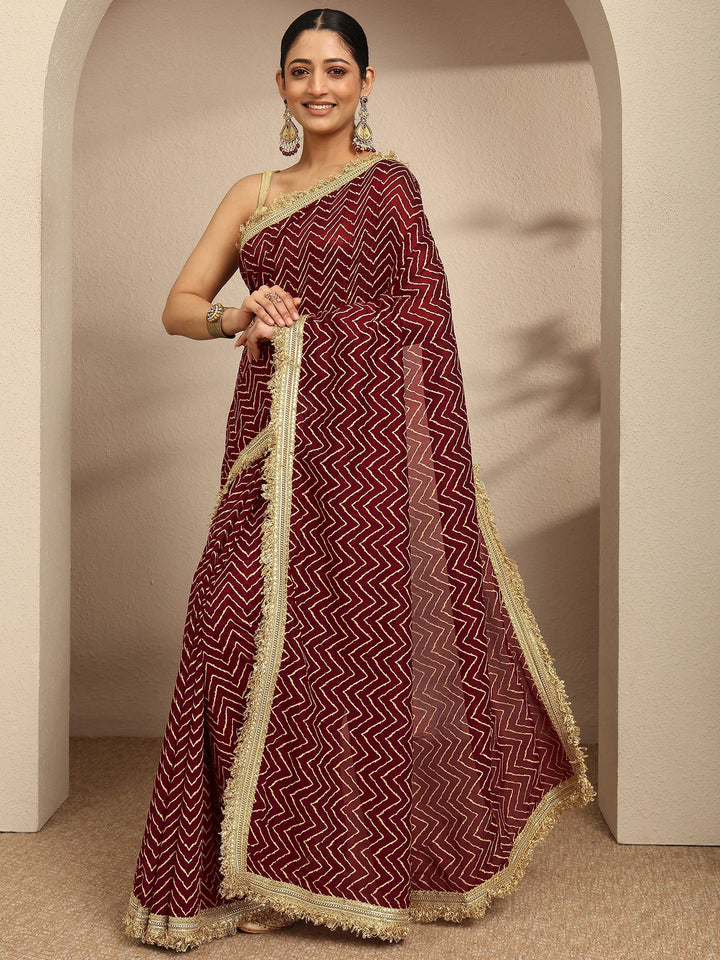 Maroon Chevron Printed Silk Blend Saree With Unstitched Blouse Piece