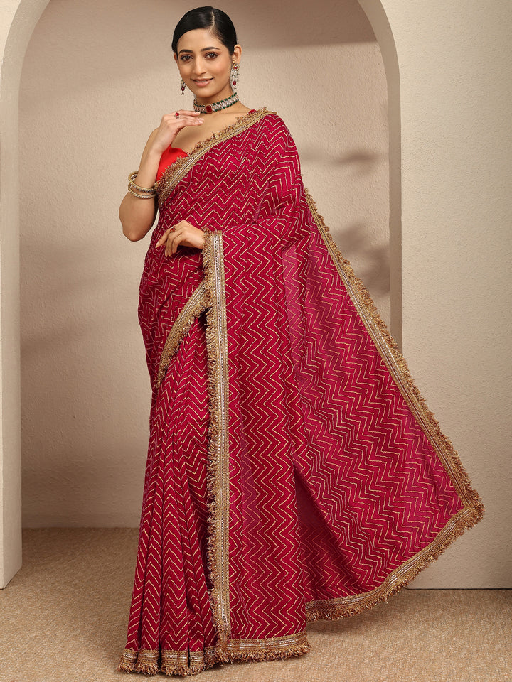 Libas Pink Chevron Printed Silk Blend Saree With Unstitched Blouse Piece