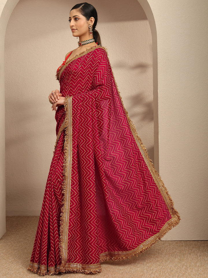 Libas Pink Chevron Printed Silk Blend Saree With Unstitched Blouse Piece