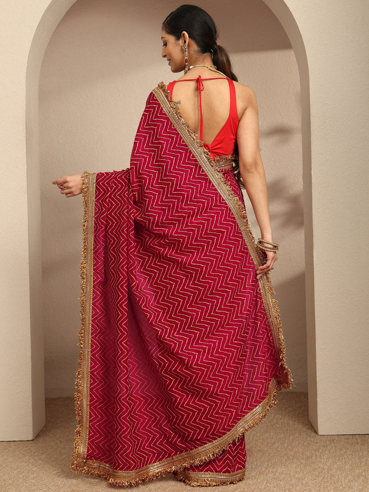 Libas Pink Chevron Printed Silk Blend Saree With Unstitched Blouse Piece