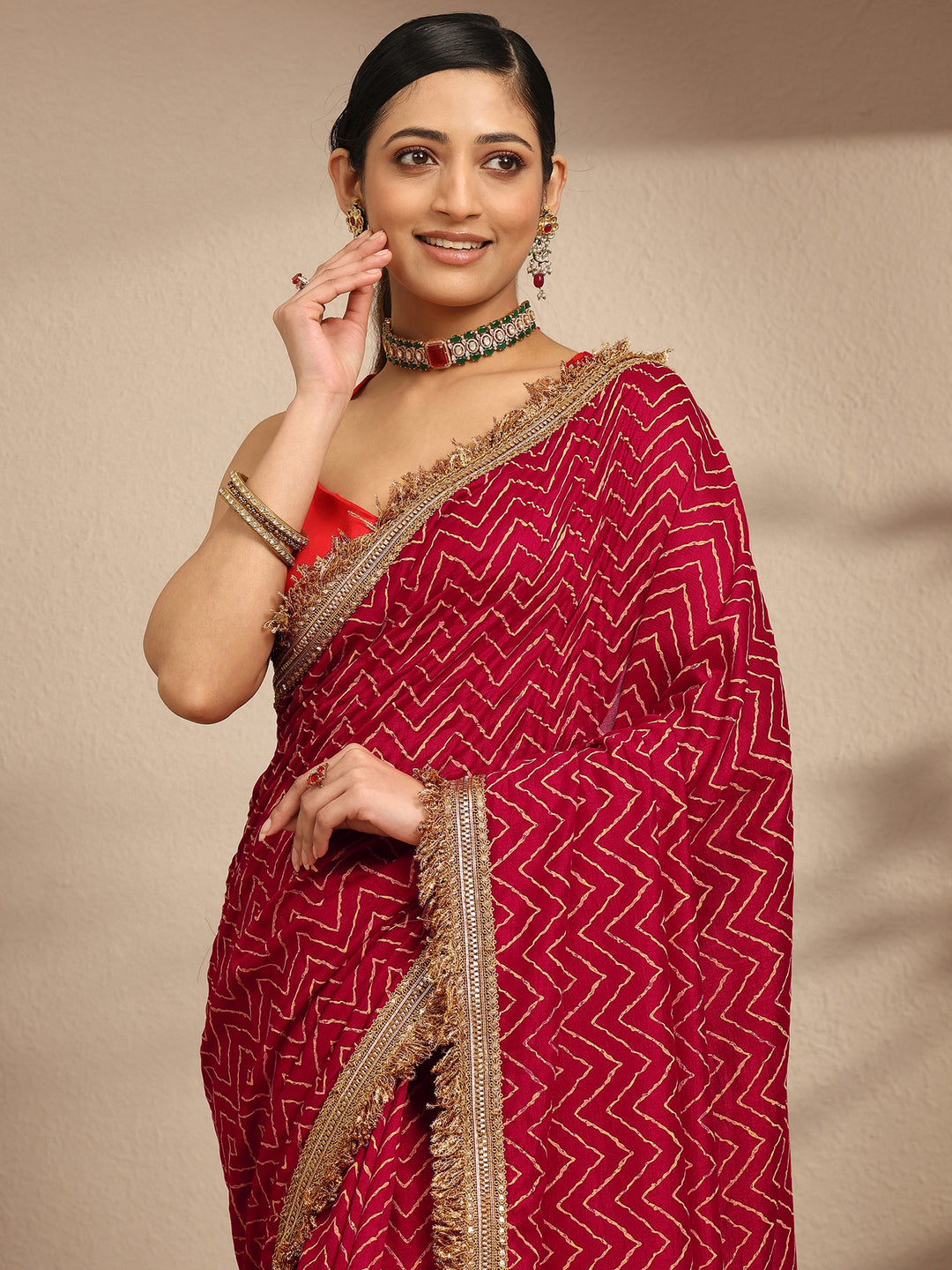 Libas Pink Chevron Printed Silk Blend Saree With Unstitched Blouse Piece