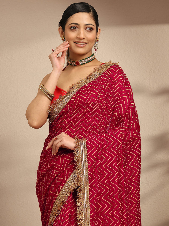Libas Pink Chevron Printed Silk Blend Saree With Unstitched Blouse Piece