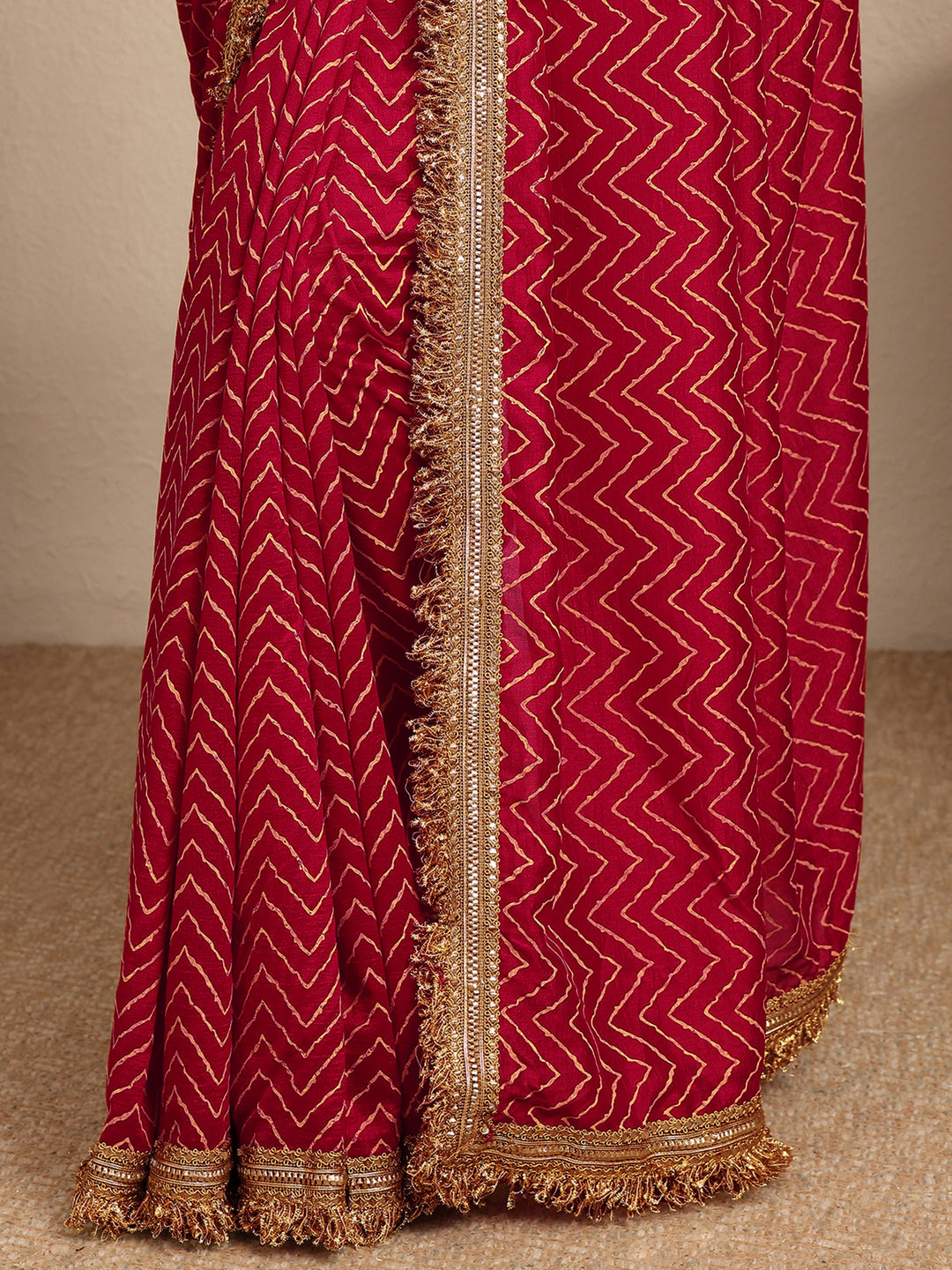 Libas Pink Chevron Printed Silk Blend Saree With Unstitched Blouse Piece
