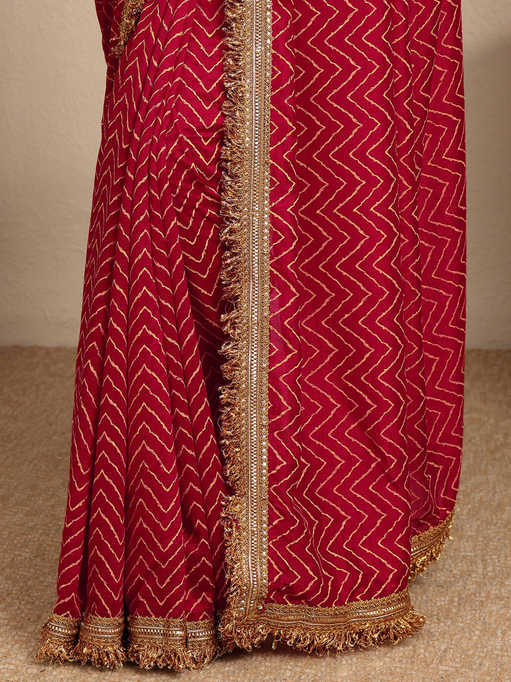 Libas Pink Chevron Printed Silk Blend Saree With Unstitched Blouse Piece