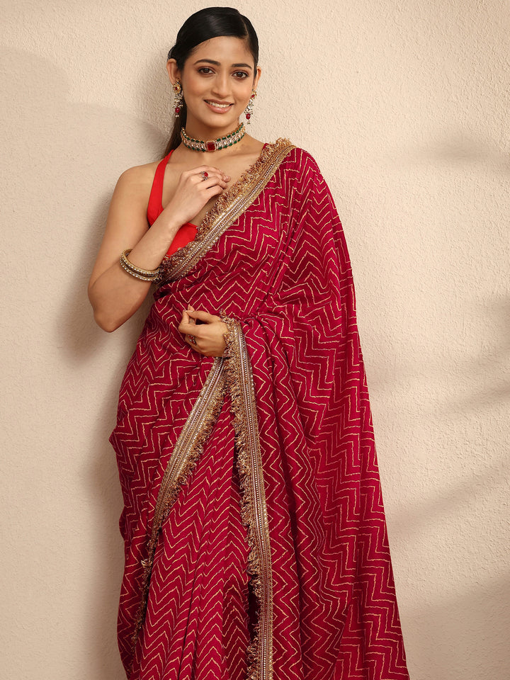 Libas Pink Chevron Printed Silk Blend Saree With Unstitched Blouse Piece
