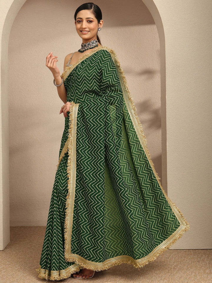 Green Chevron Printed Silk Blend Saree With Unstitched Blouse Piece