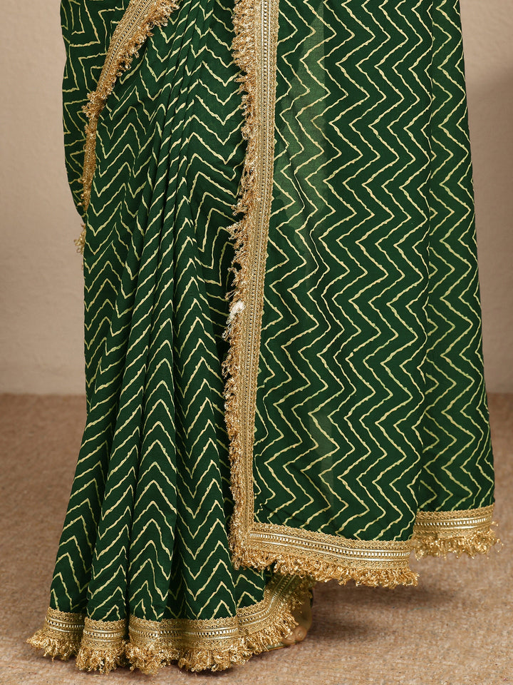 Green Chevron Printed Silk Blend Saree With Unstitched Blouse Piece