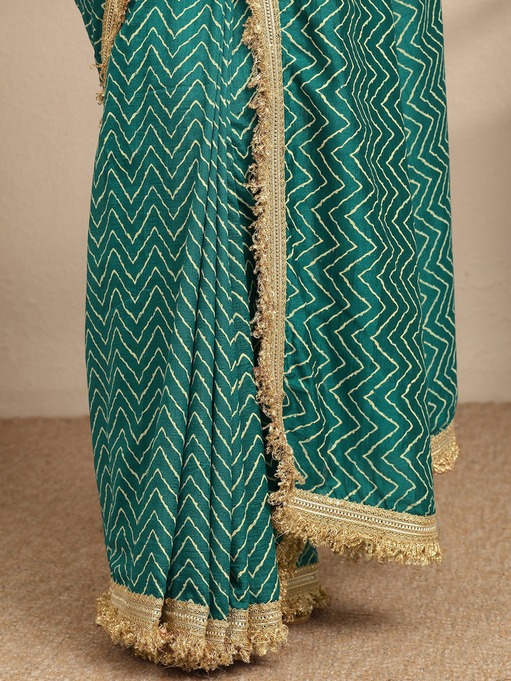 Blue Chevron Printed Silk Blend Saree With Unstitched Blouse Piece