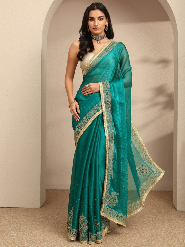 Blue Embellished Silk Blend Saree With Unstitched Blouse Piece