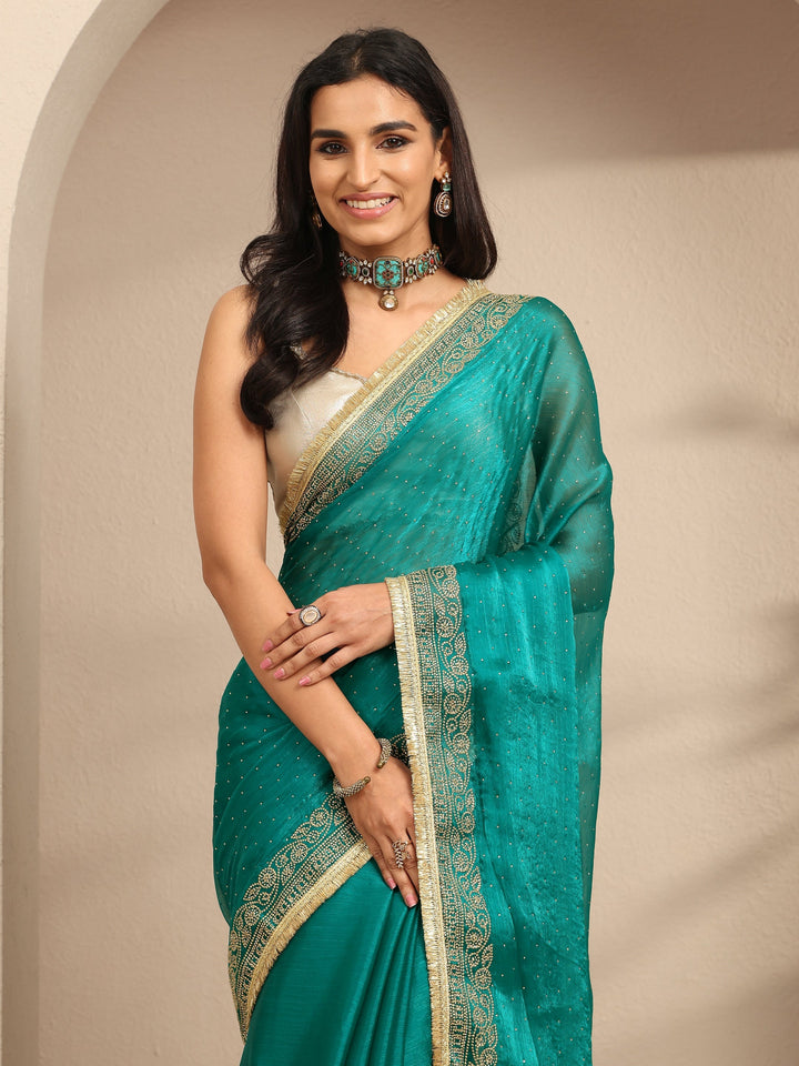 Blue Embellished Silk Blend Saree With Unstitched Blouse Piece
