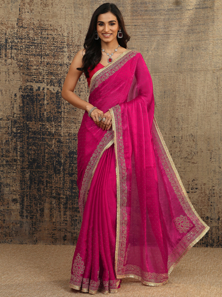 Pink Embellished Silk Blend Saree With Unstitched Blouse Piece