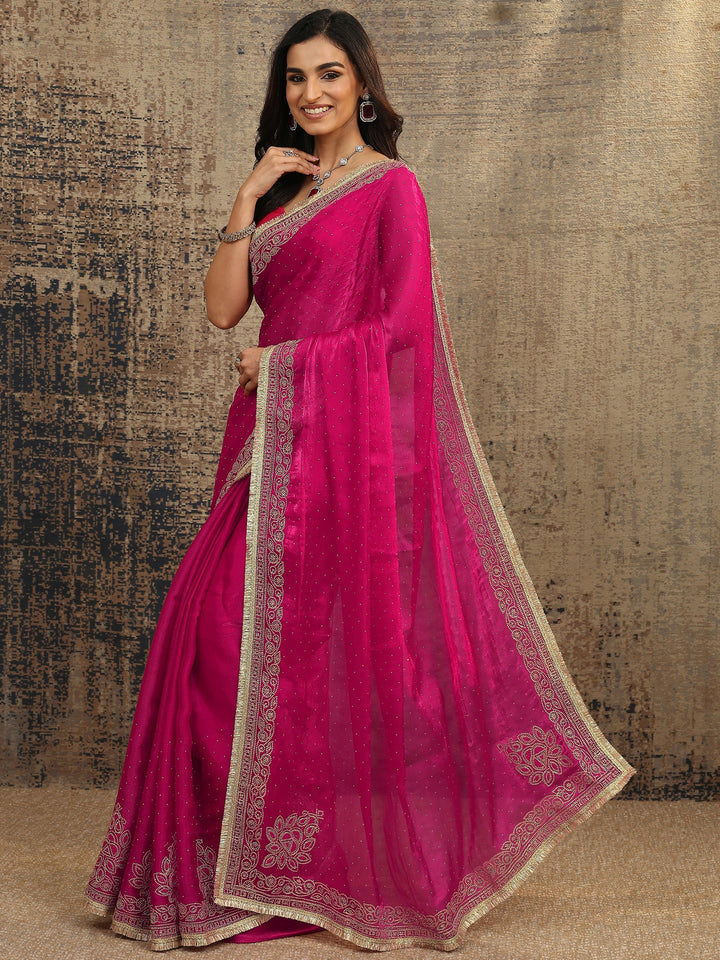 Pink Embellished Silk Blend Saree With Unstitched Blouse Piece