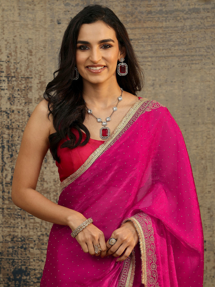 Pink Embellished Silk Blend Saree With Unstitched Blouse Piece