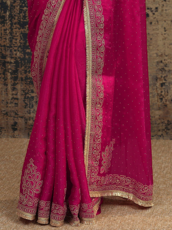 Pink Embellished Silk Blend Saree With Unstitched Blouse Piece