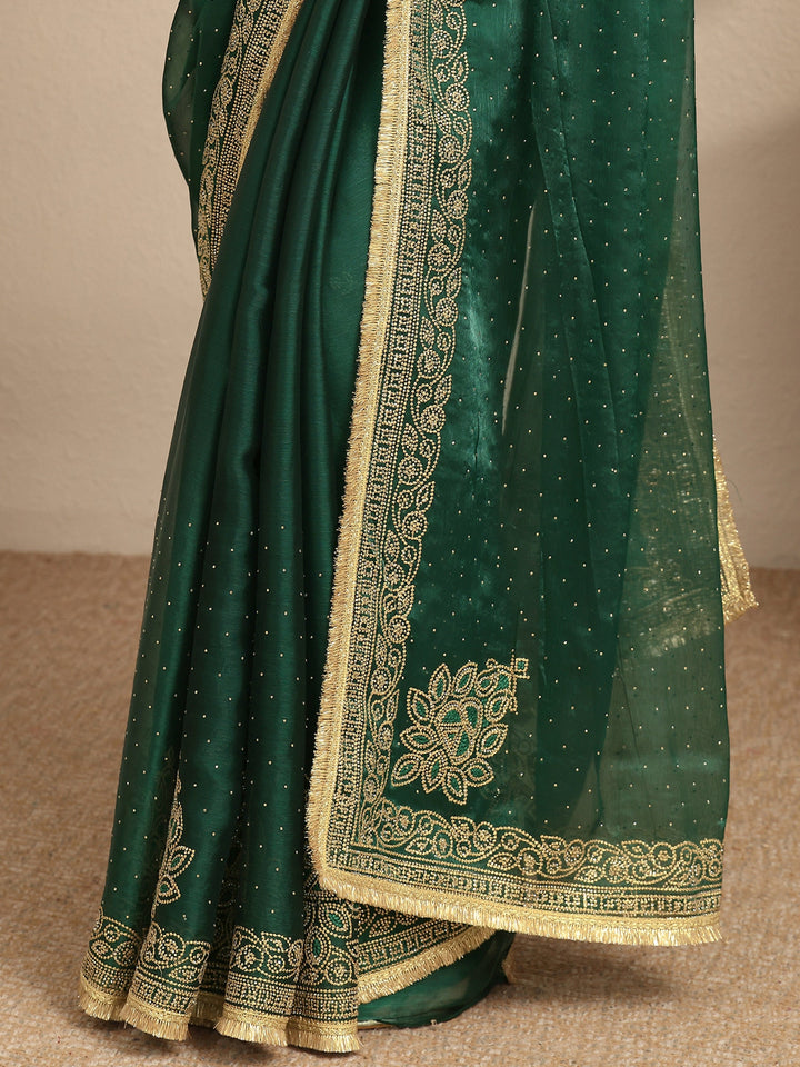Green Embellished Silk Blend Saree With Unstitched Blouse Piece