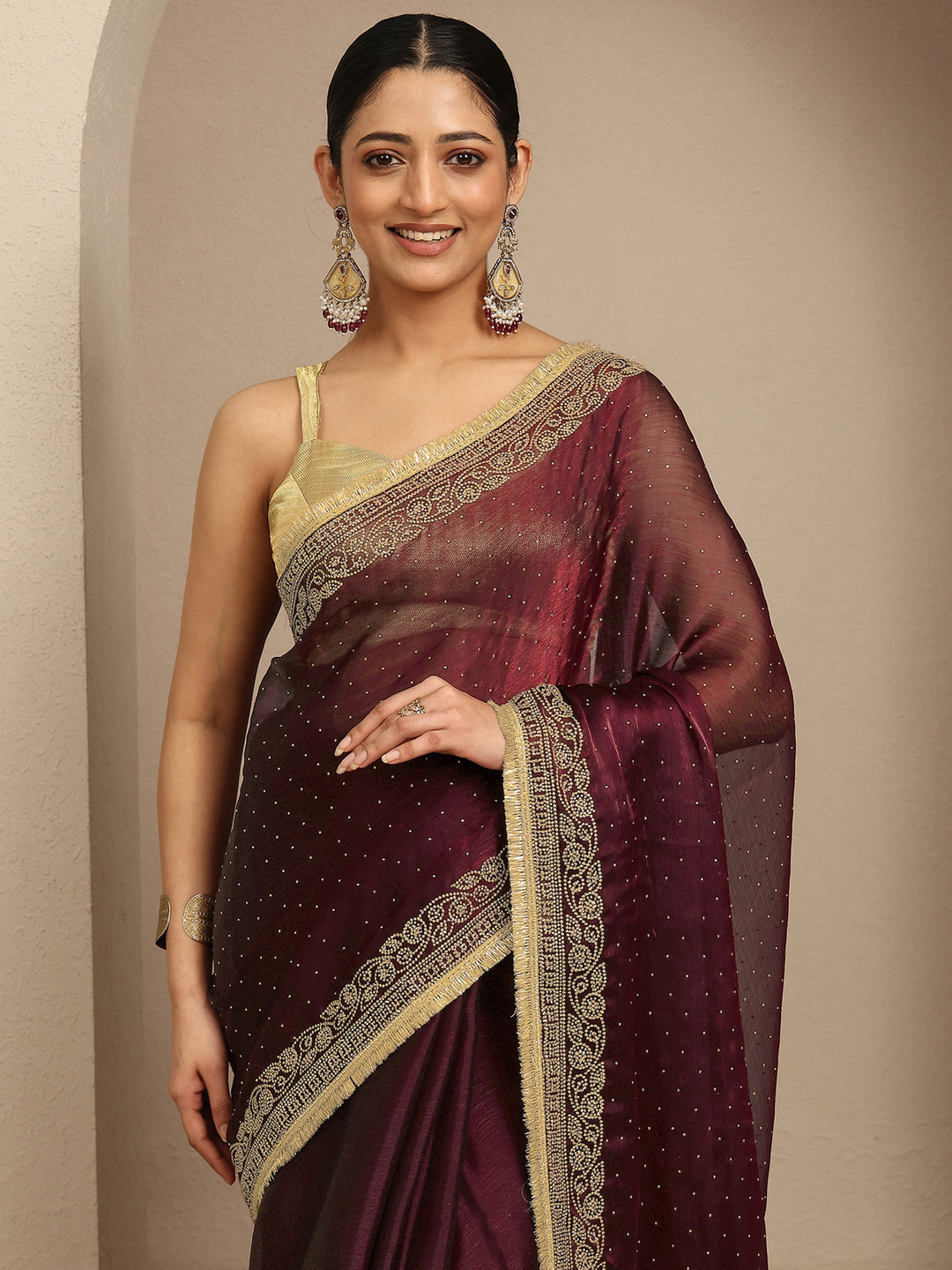 Maroon Embellished Silk Blend Saree With Unstitched Blouse Piece
