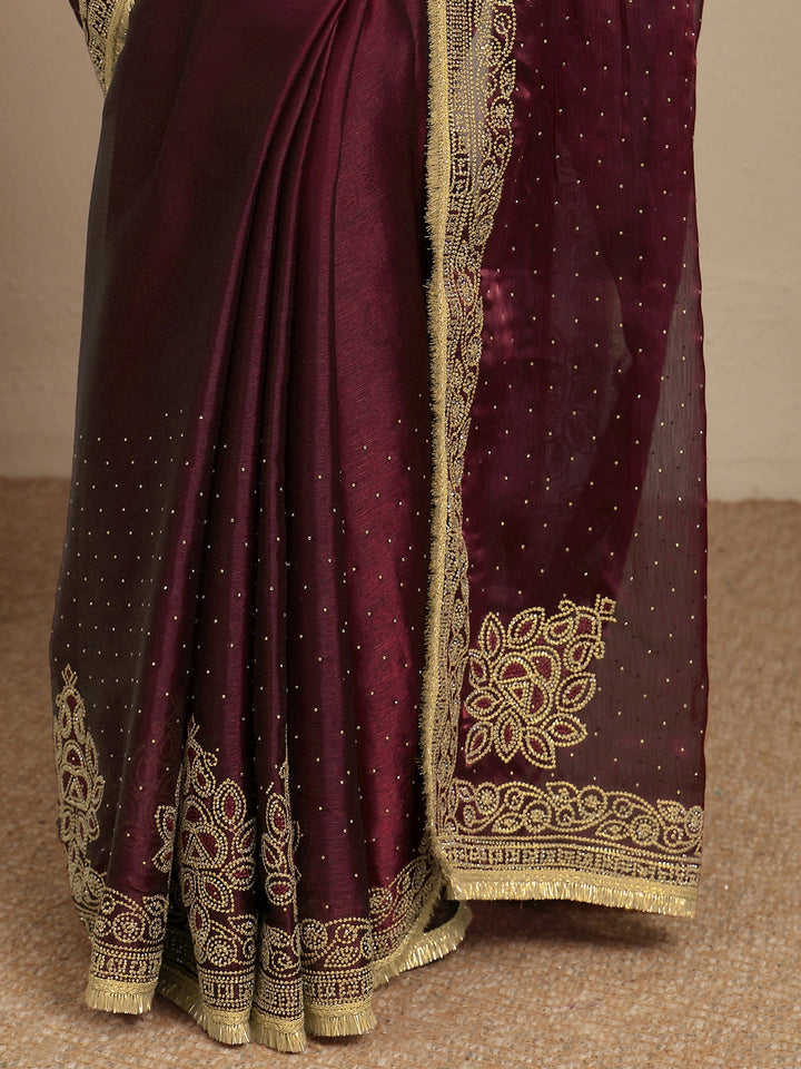 Maroon Embellished Silk Blend Saree With Unstitched Blouse Piece