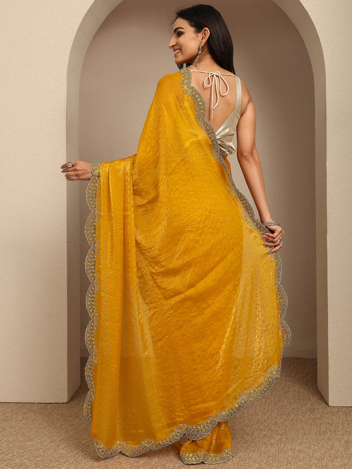 Mustard Embellished Silk Blend Saree With Unstitched Blouse Piece