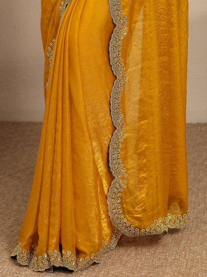 Mustard Embellished Silk Blend Saree With Unstitched Blouse Piece