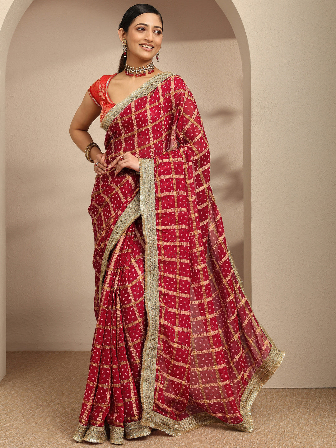 Libas Maroon Bandhani Printed Silk Blend Saree With Unstitched Blouse Piece