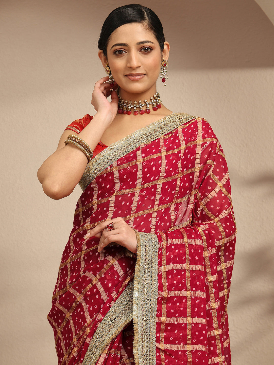 Libas Maroon Bandhani Printed Silk Blend Saree With Unstitched Blouse Piece